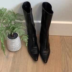 Mid Calf Black Leather Heeled Boots, size 10.5, FTTS